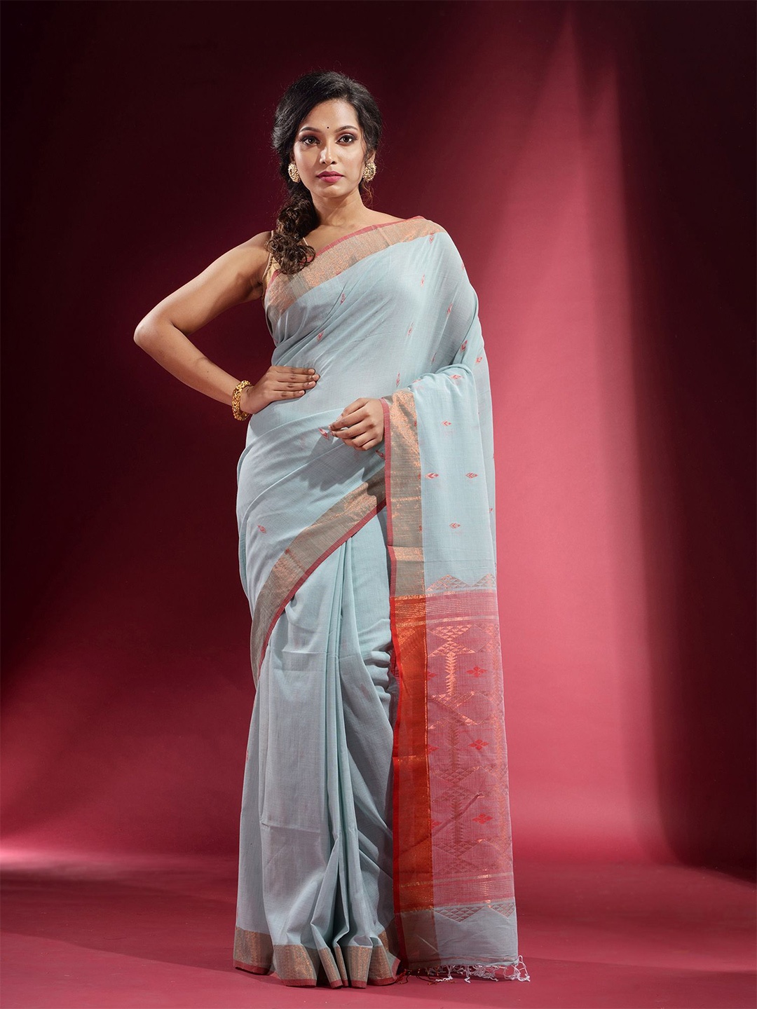 

Charukriti Blue & Pink Woven Design Zari Pure Cotton Saree