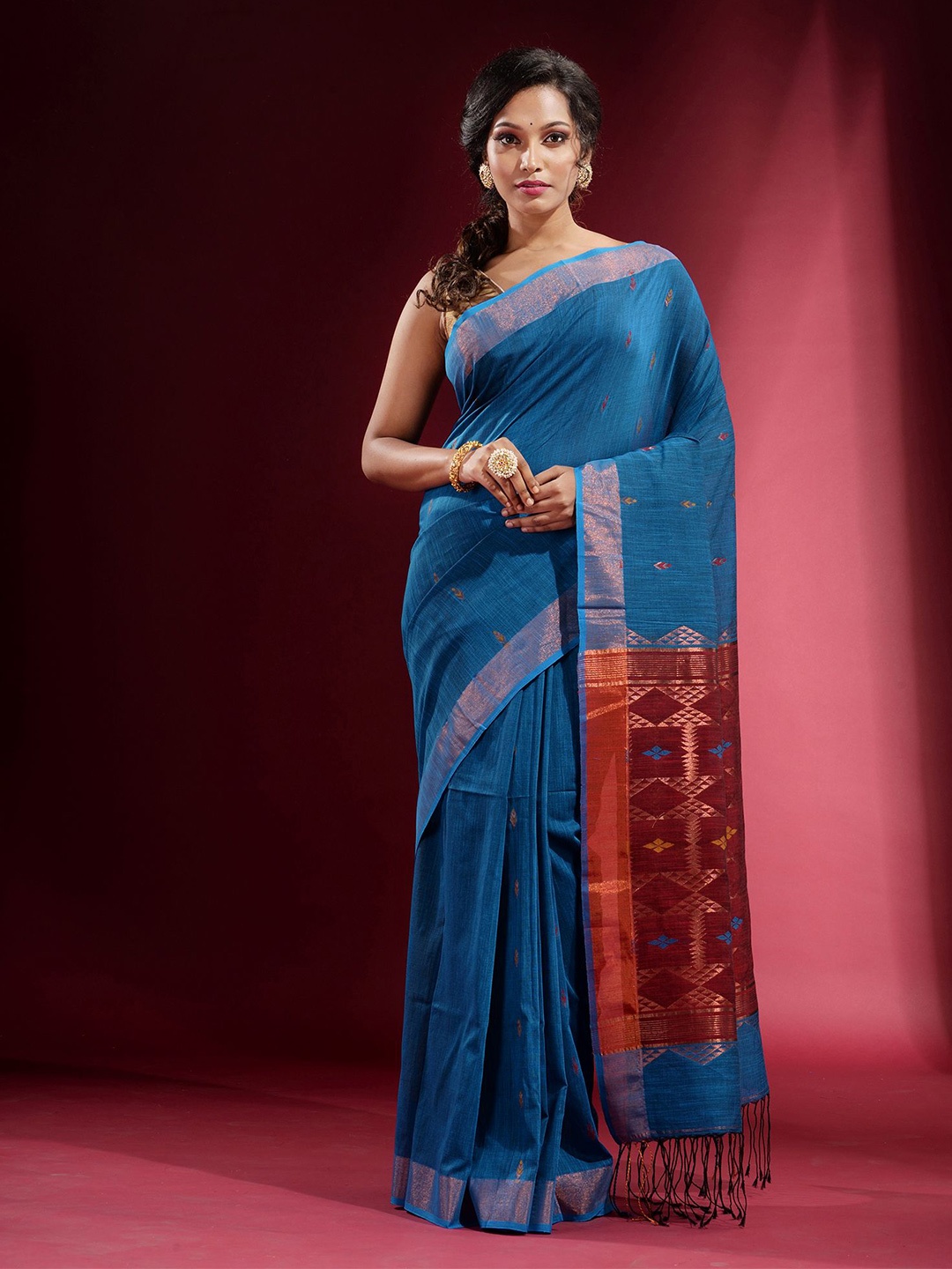 

Charukriti Blue & Red Woven Design Zari Pure Cotton Saree