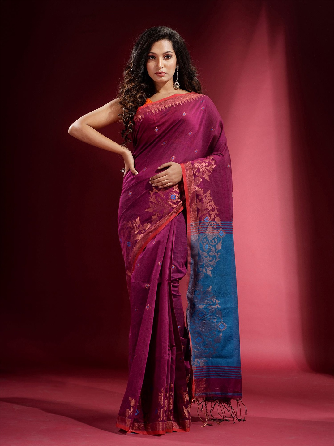 

Charukriti Magenta & Blue Woven Design Zari Saree