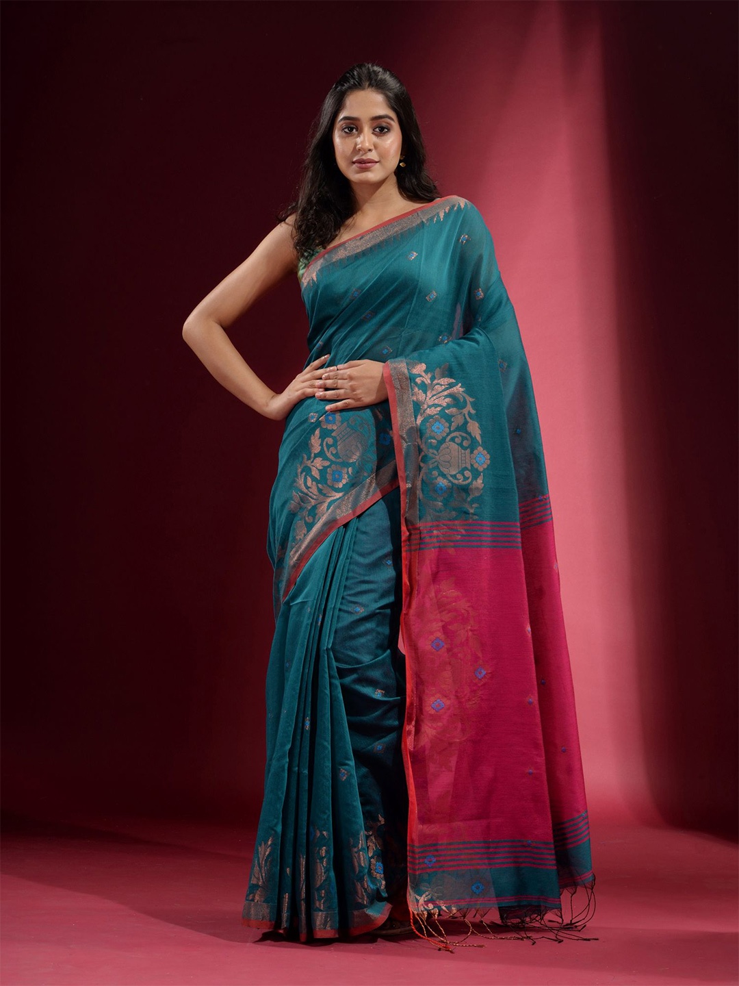 

Charukriti Teal Blue & Copper-Toned Woven Design Zari Saree