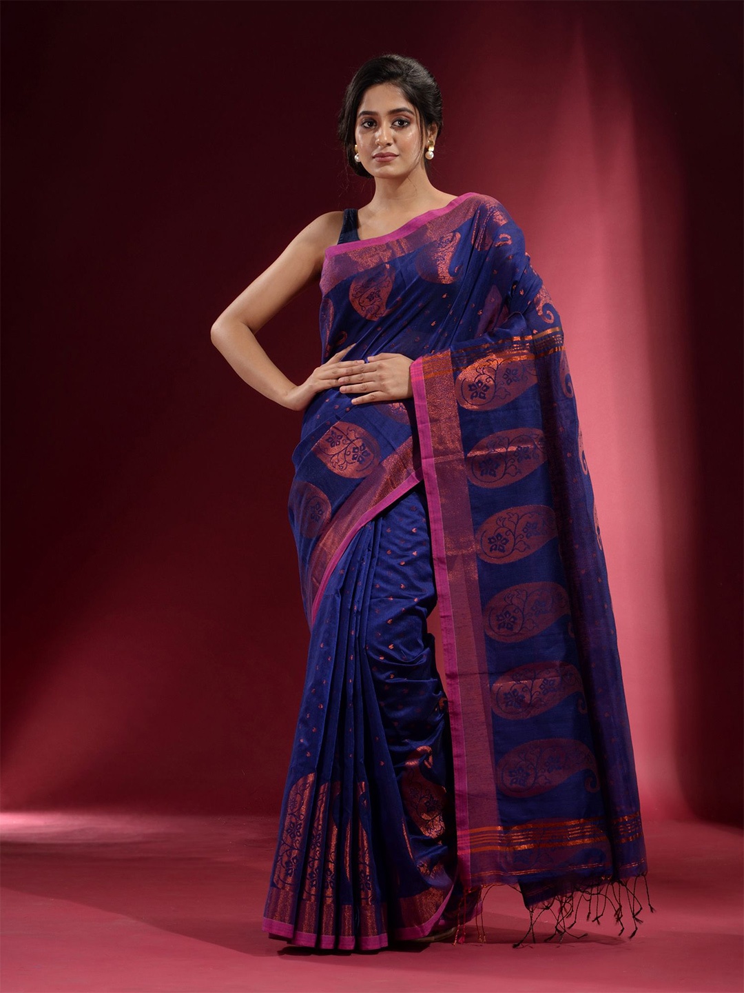 

Charukriti Blue & Pink Woven Design Zari Saree