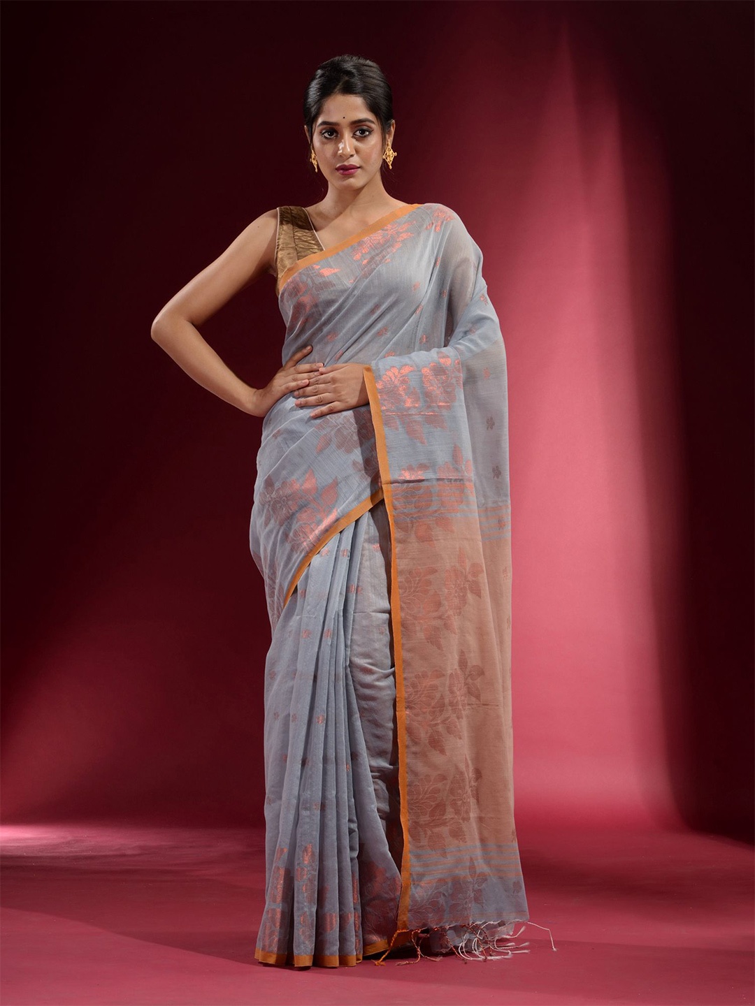 

Charukriti Grey & Copper-Toned Woven Design Zari Pure Cotton Saree