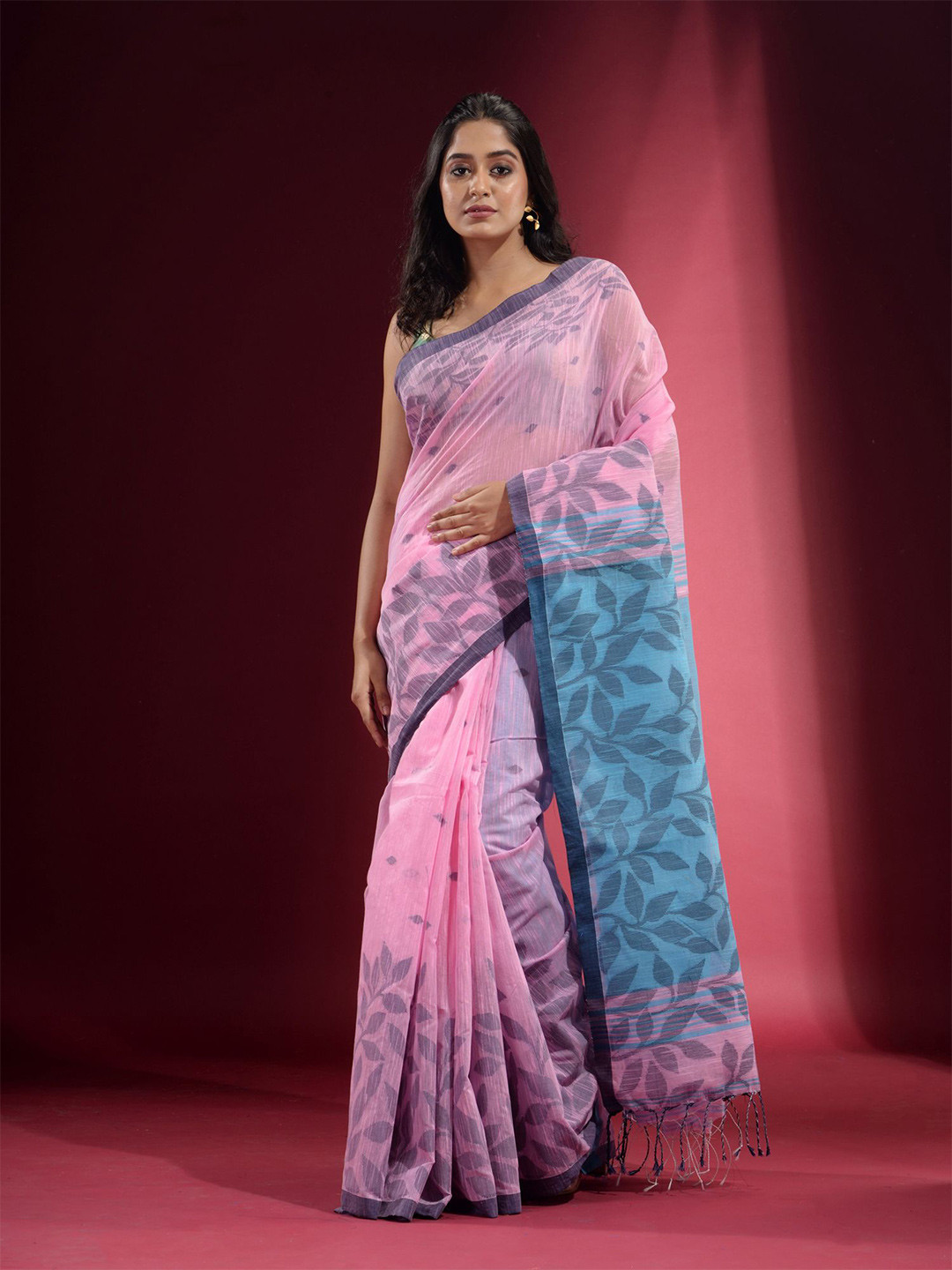 

Charukriti Women Pink & Blue Woven Design Pure Cotton Saree
