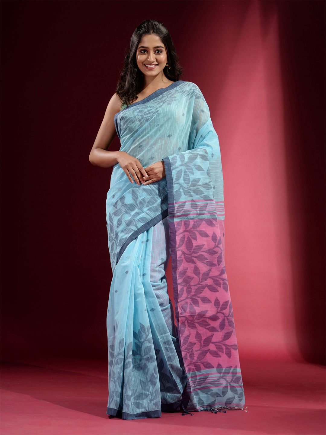 

Charukriti Women Blue & Pink Woven Design Pure Cotton Saree