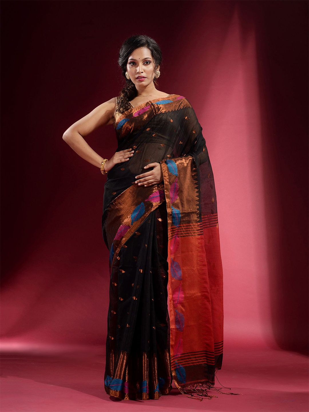 

Charukriti Women Black & Copper-Toned Woven Design Zari Pure Cotton Saree