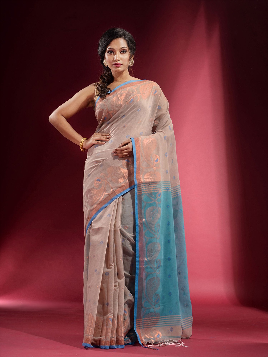 

Charukriti Women Beige & Gold-Toned Woven Design Zari Pure Cotton Saree
