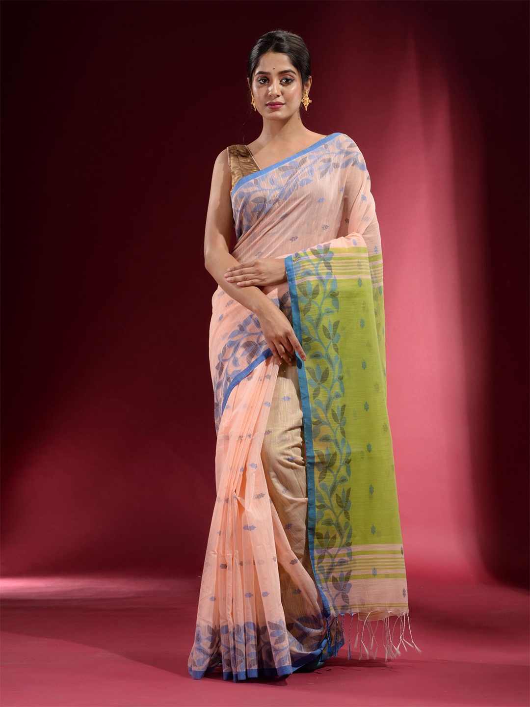 Charukriti Women Peach-Coloured & Green Woven Design Pure Cotton Saree