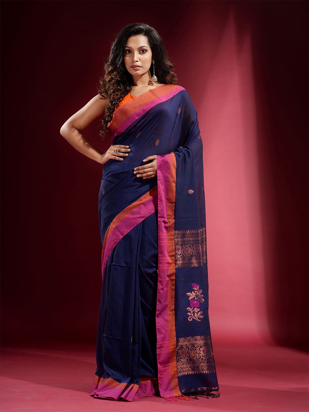 

Charukriti Women Navy Blue & Pink Woven Design Zari Pure Cotton Saree