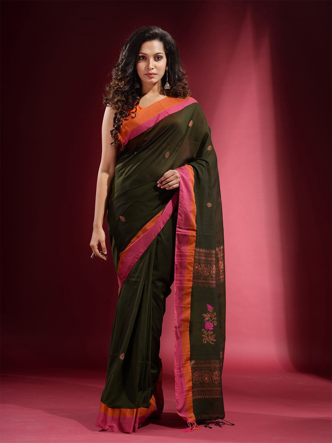 

Charukriti Women Green & Orange Woven Design Zari Pure Cotton Saree