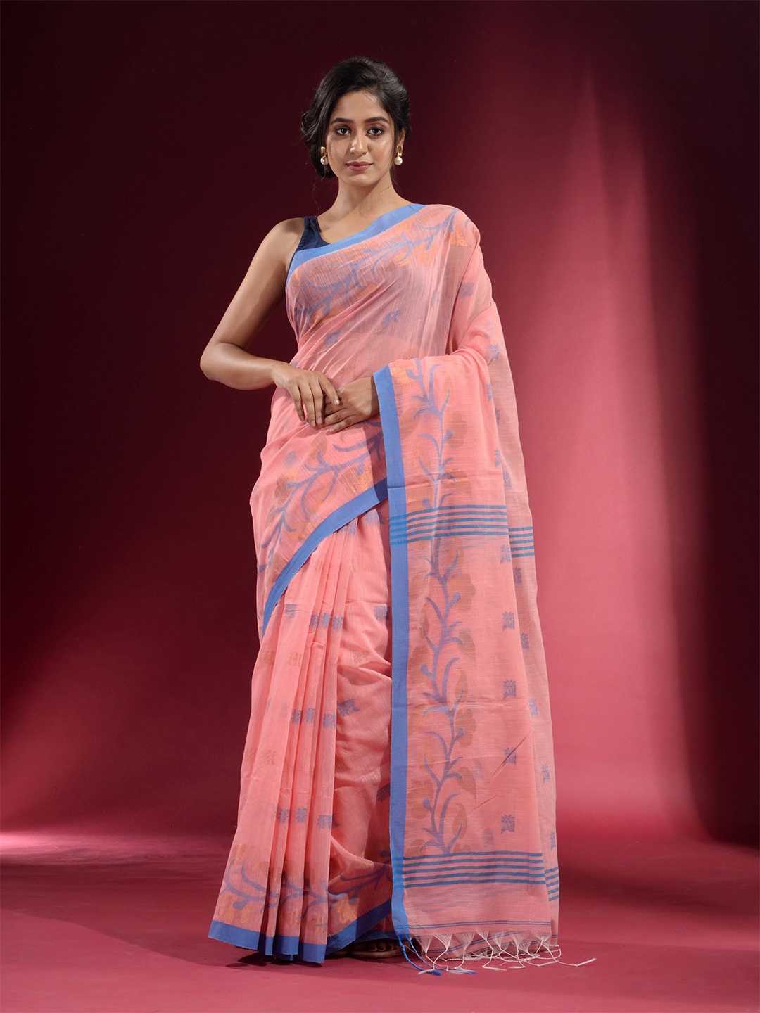 

Charukriti Women Coral & Blue Woven Design Pure Cotton Saree