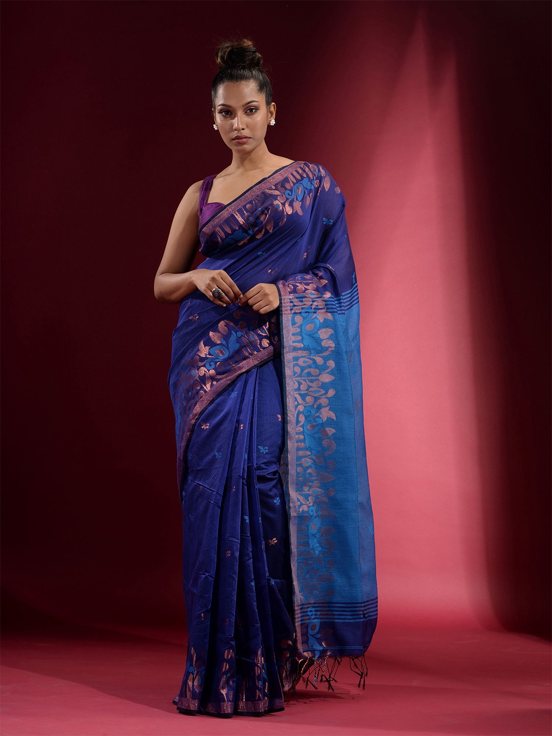 

Charukriti Women Blue & Gold-Toned Woven Design Zari Saree