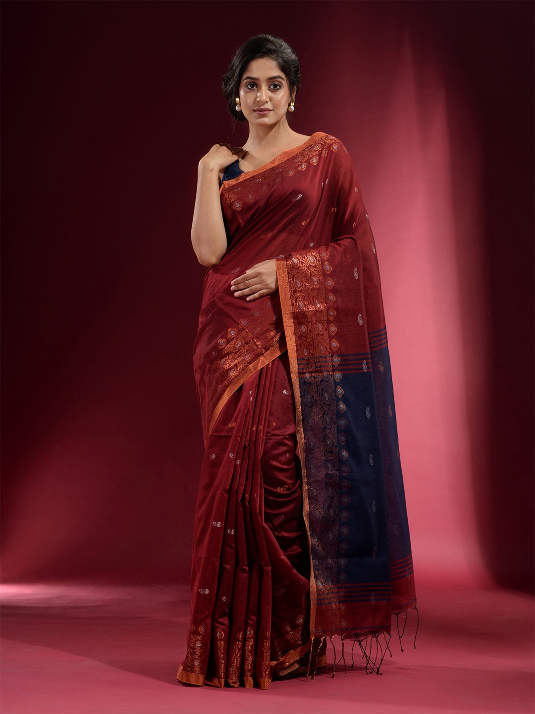 

Charukriti Women Maroon & Navy Blue Woven Design Zari Pure Cotton Saree