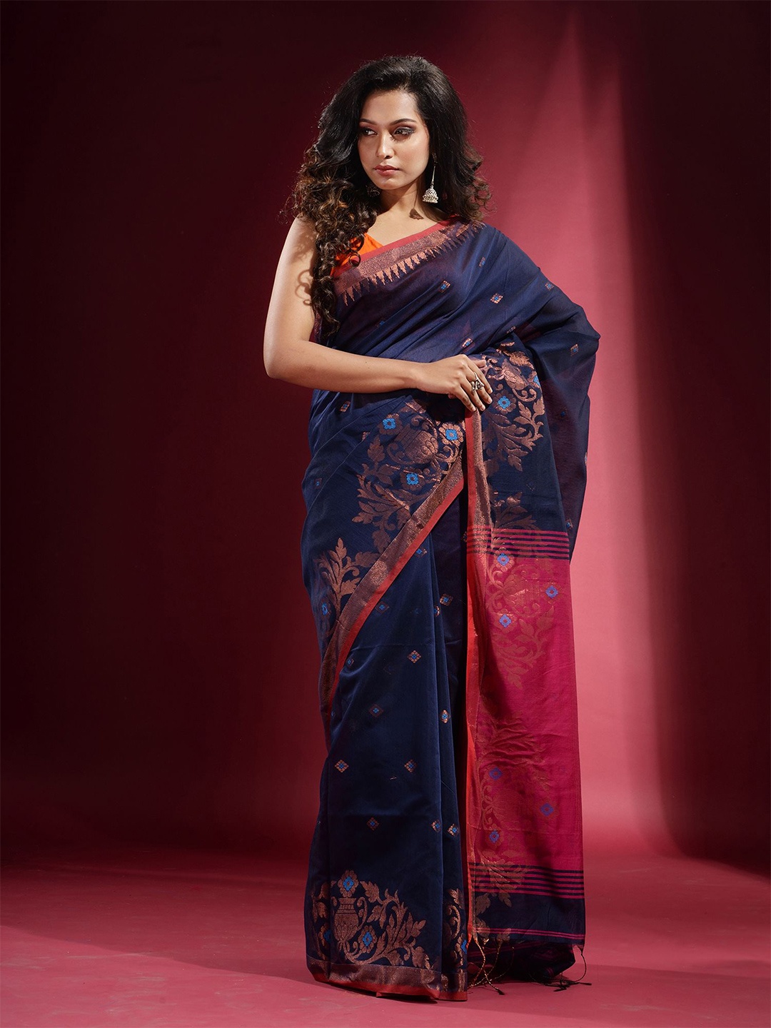 

Charukriti Women Navy Blue & Pink Woven Design Zari Saree