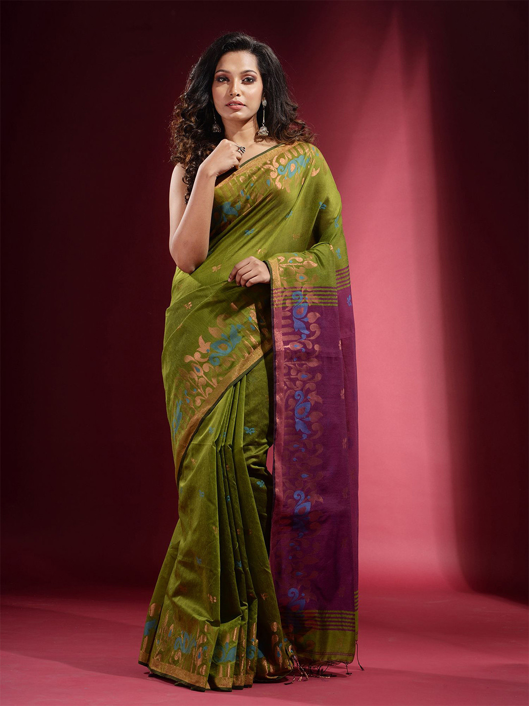 

Charukriti Women Green & Purple Woven Design Zari Saree