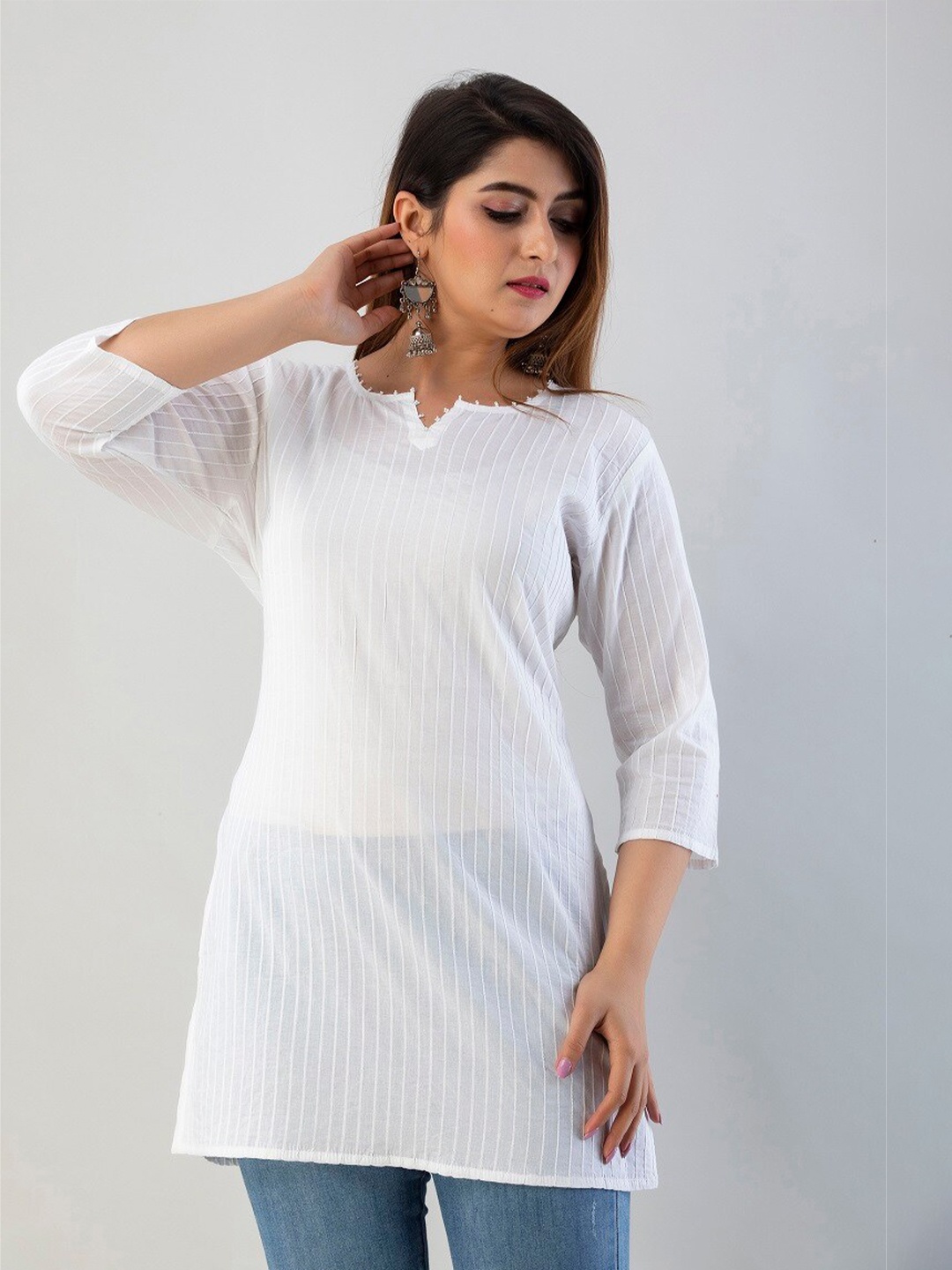 

SKY SHOPPIE Women White Self Design Pin Tucks Pure Cotton Top
