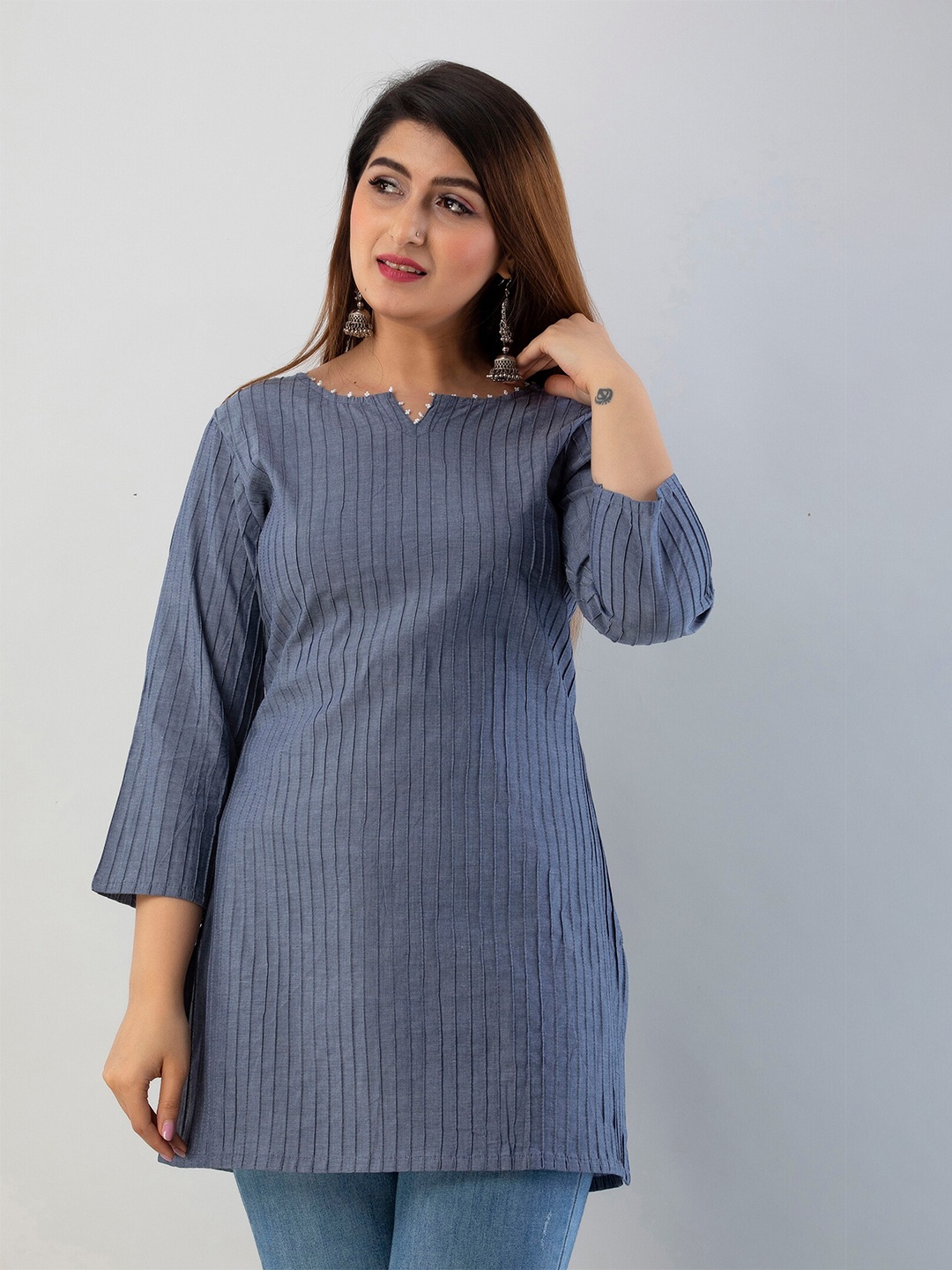

SKY SHOPPIE Women Grey Self Design Pin Tucks Pure Cotton Top