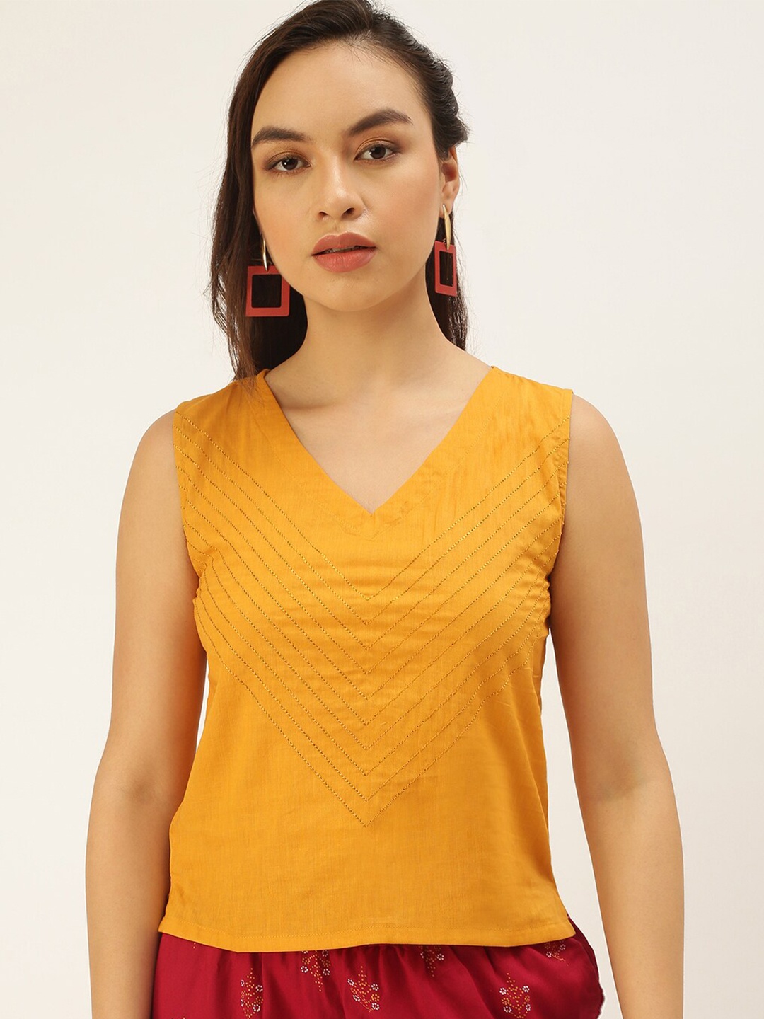 

De Moza Woman Mustard Yellow Embroidered V-Neck Sleeveless Top
