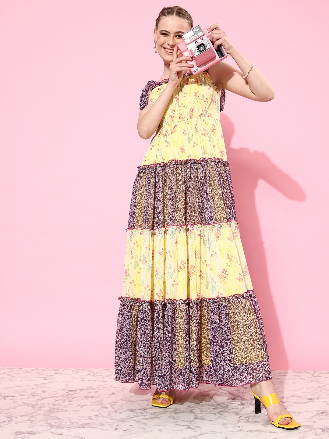 

Miss Chase Floral Chiffon A-Line Maxi Dress, Yellow