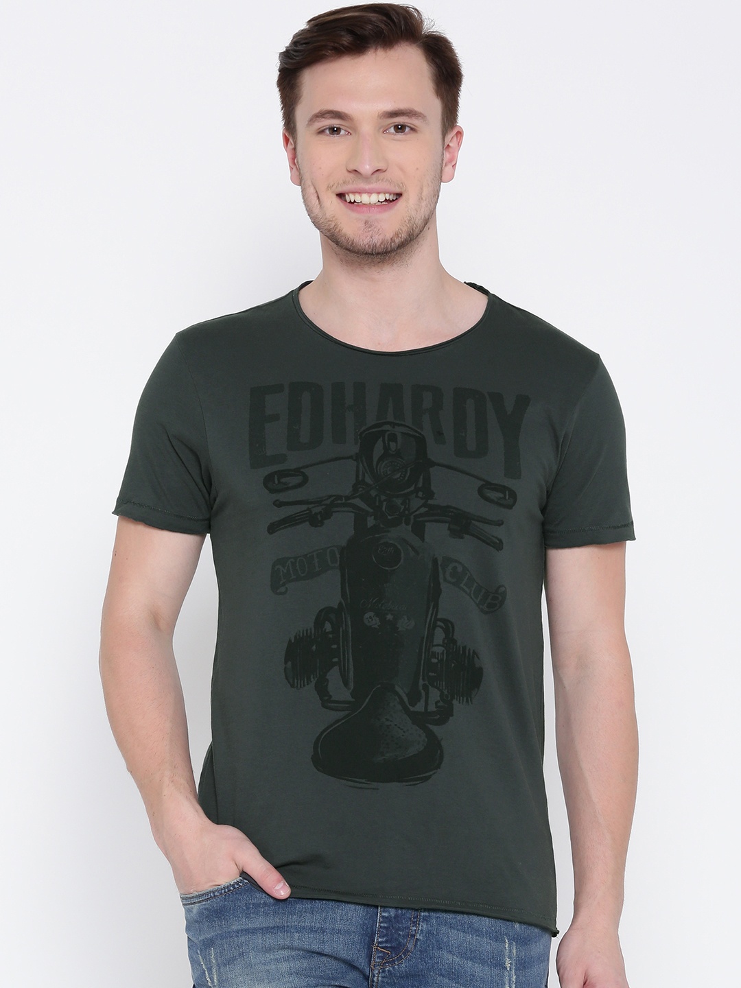 

Ed Hardy Men Olive Green Printed Round Neck T-shirt