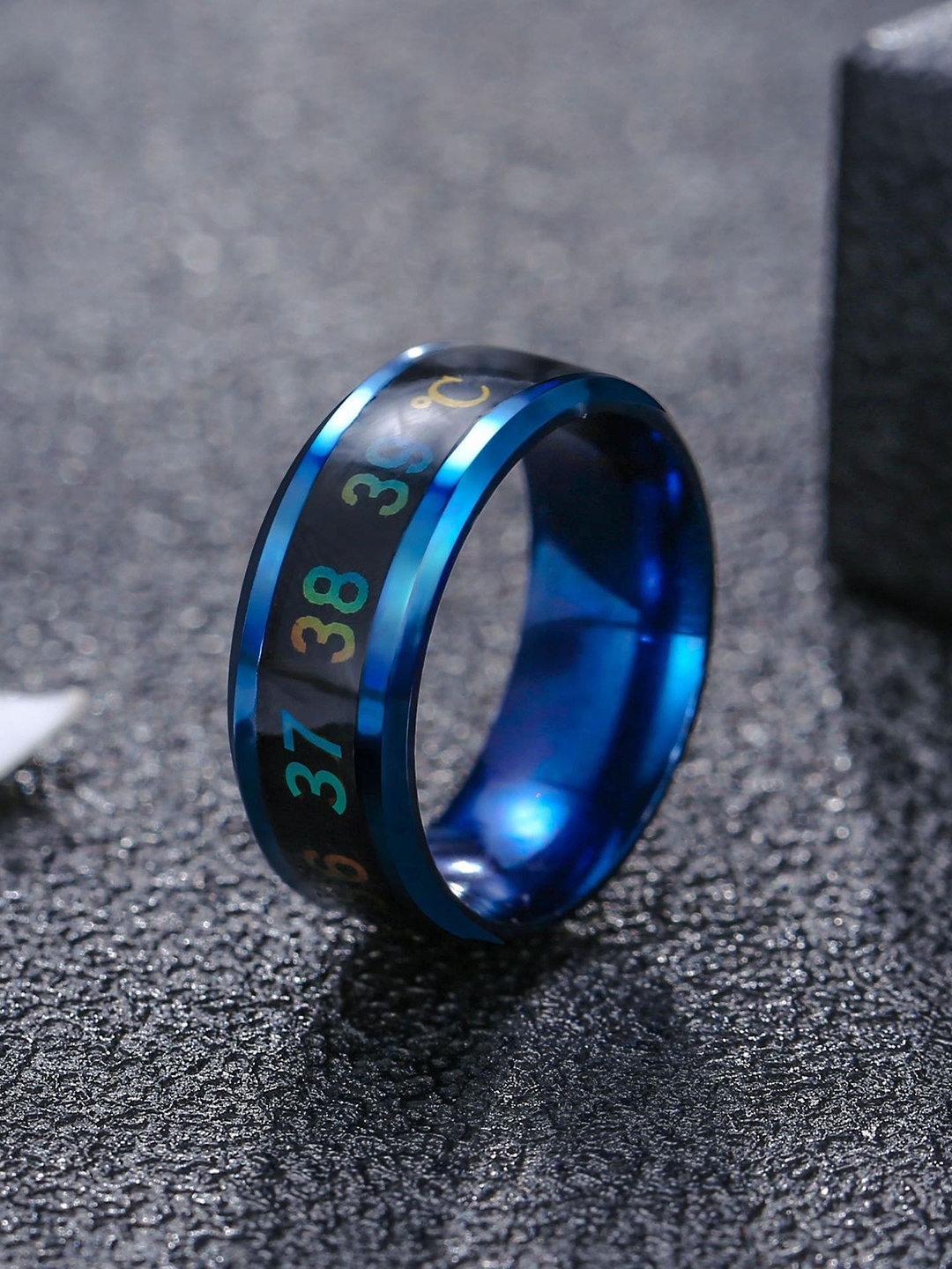 

Fashion Frill Sliver-Plated Blue Temperature Degree Celsius Display Changing Ring Band, Silver