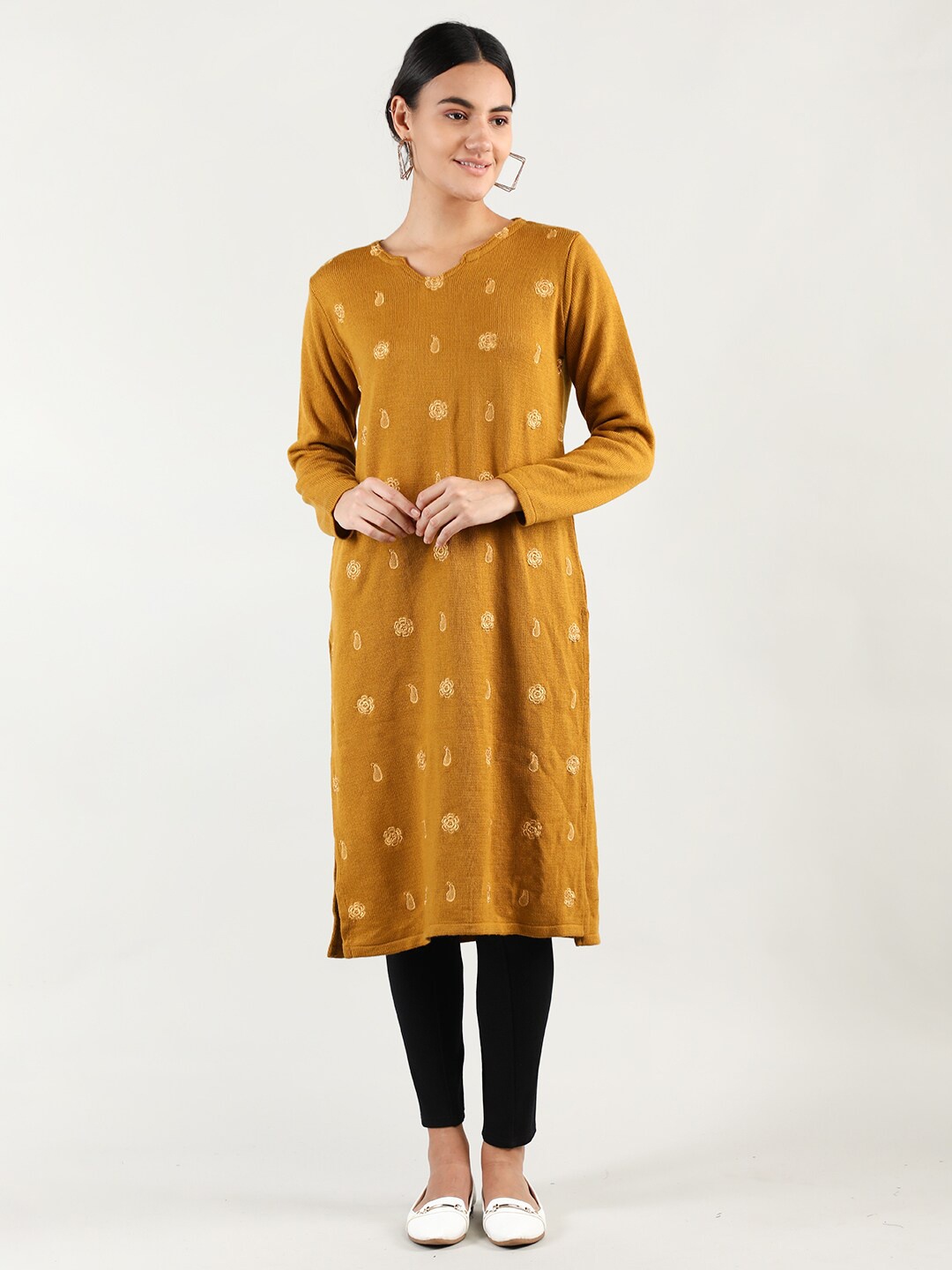 

HANG N HOLD Women Mustard Yellow Floral Embroidered Kurta