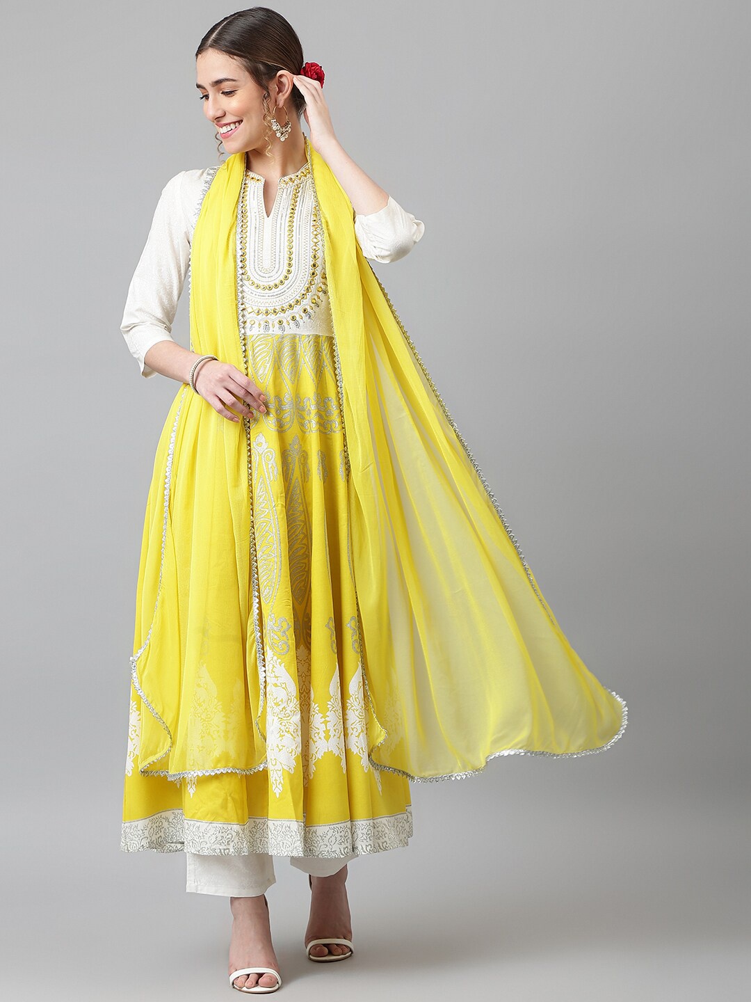 

Khushal K Ethnic Motifs Printed Mirror Work Anarkali Kurta, Yellow