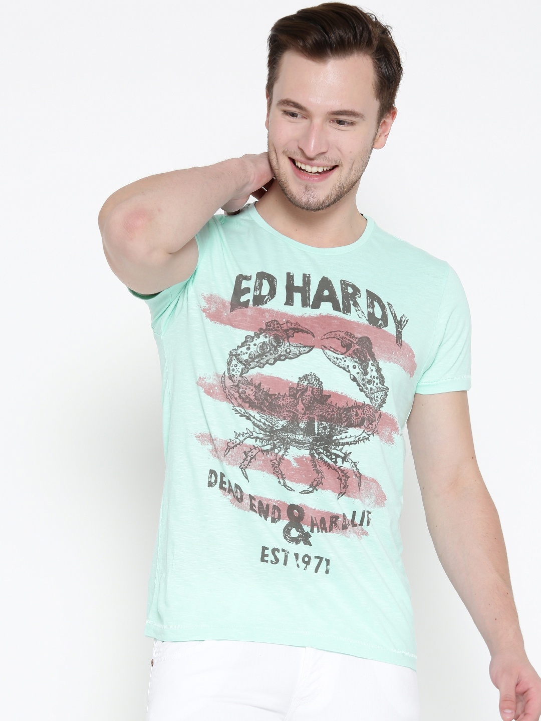 

Ed Hardy Men Sea Green Printed Round Neck Pure Cotton T-shirt