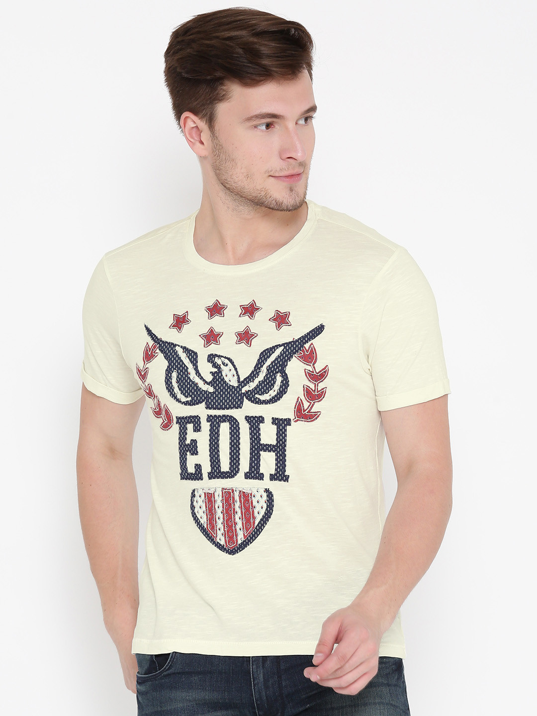 

Ed Hardy Men Cream-Coloured Self-Design Round Neck T-shirt