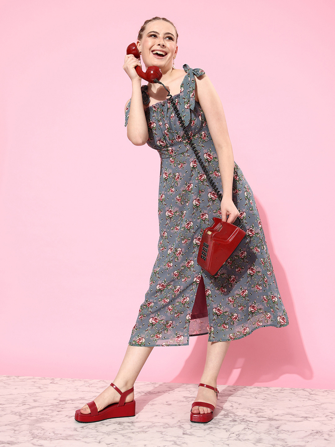 

Miss Chase Floral Georgette A-Line Midi Dress, Grey