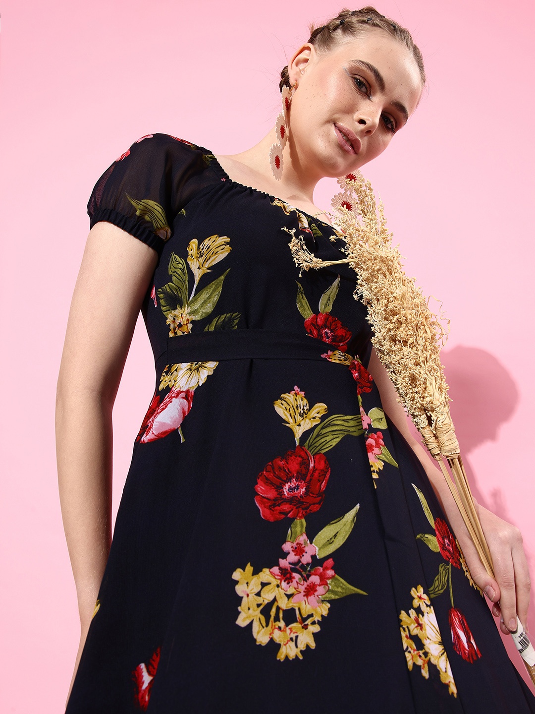 

Miss Chase Floral Georgette A-Line Midi Dress, Navy blue