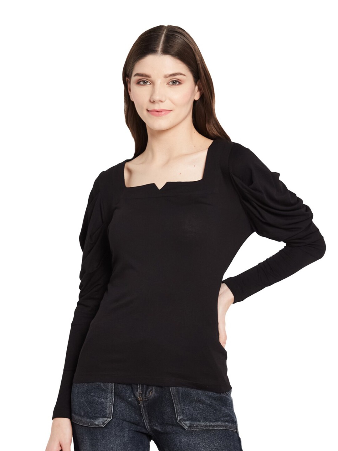 

UNMADE Women Black Solid Puff Sleeves Square Neck Top