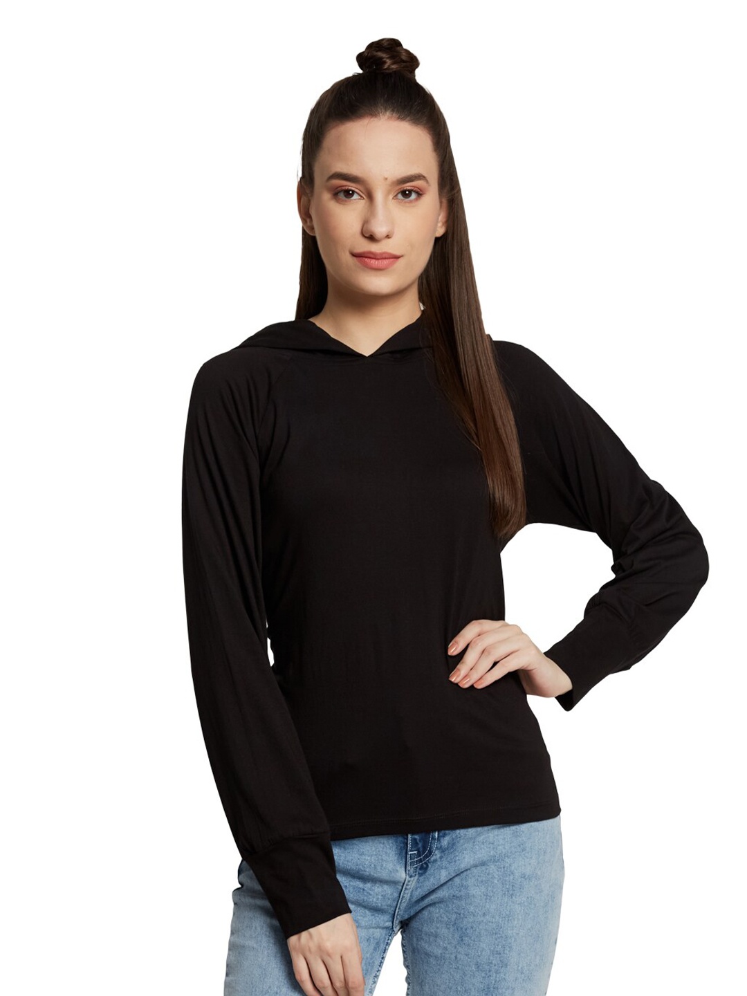 

UNMADE Women Black Solid Hooded Top