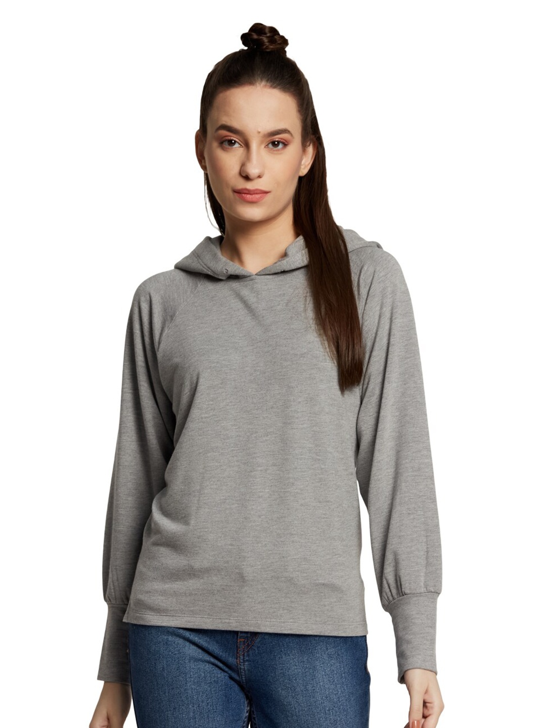 

UNMADE Women Grey Melange Hooded Sweatshirt