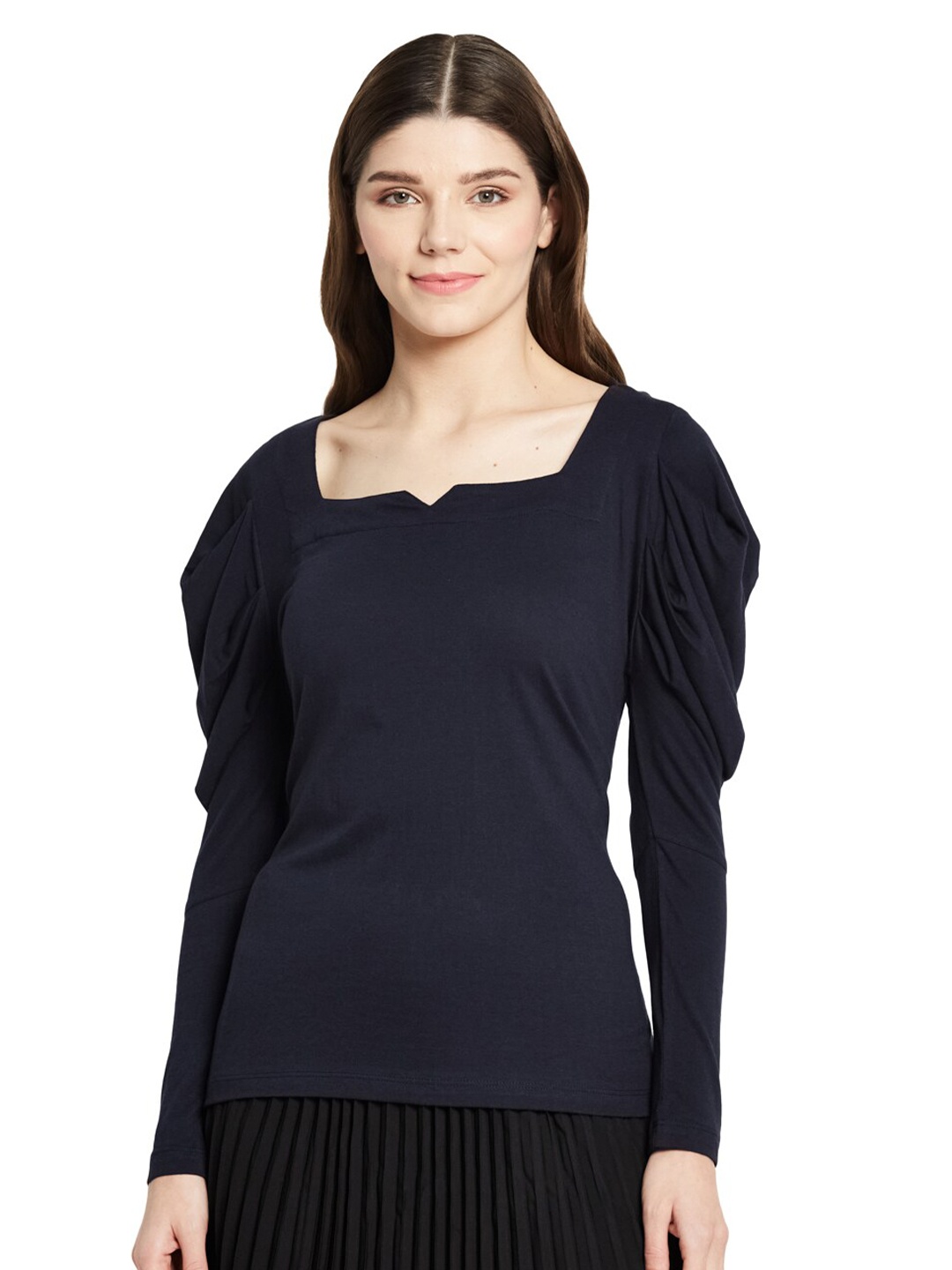 

UNMADE Women Navy Blue Solid Square Neck Top