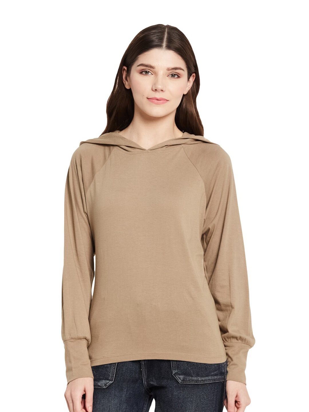 

UNMADE Women Camel Brown Solid Hooded Top