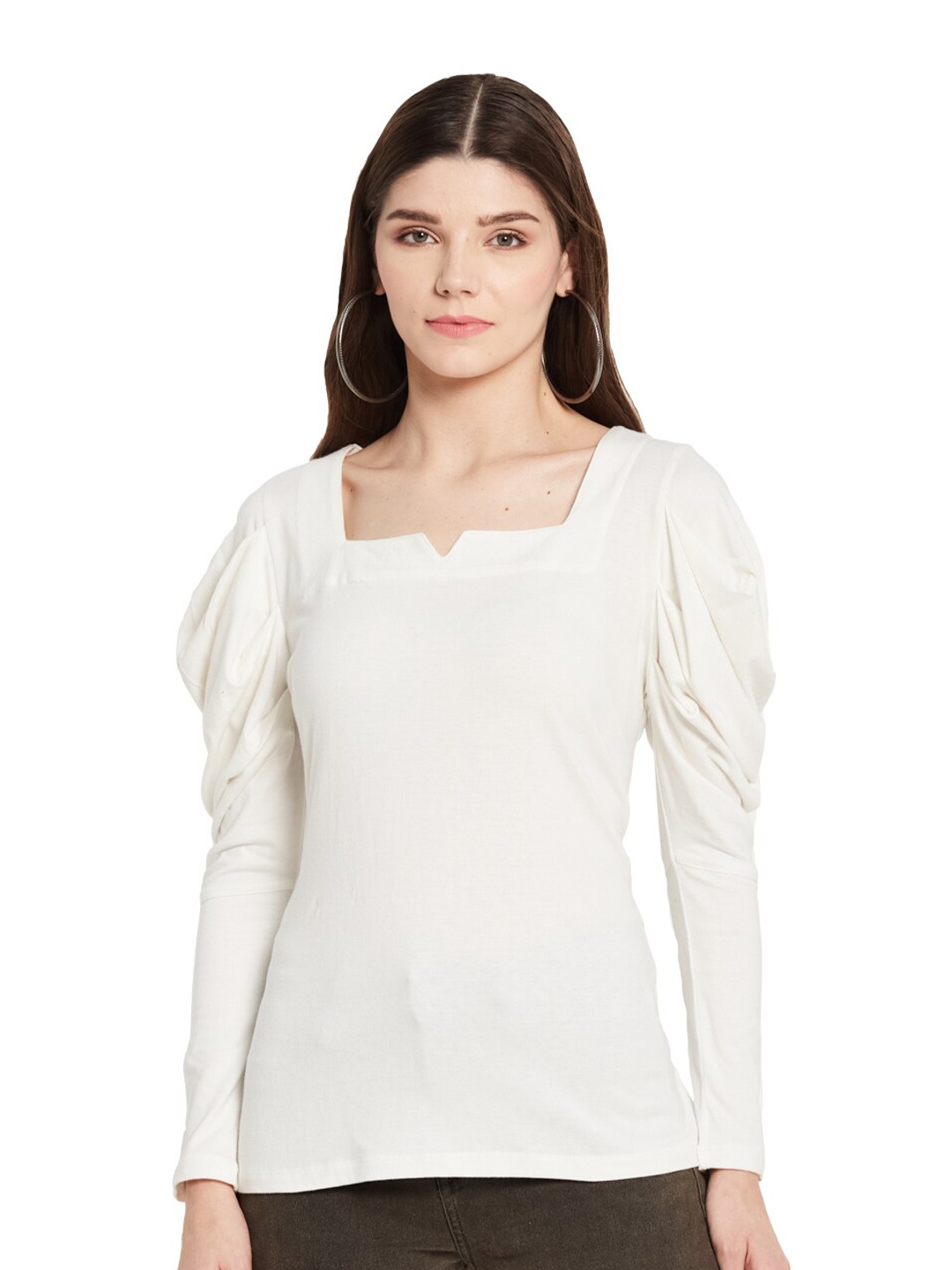 

UNMADE Women Off White Solid Square Neck Puff Sleeves Top