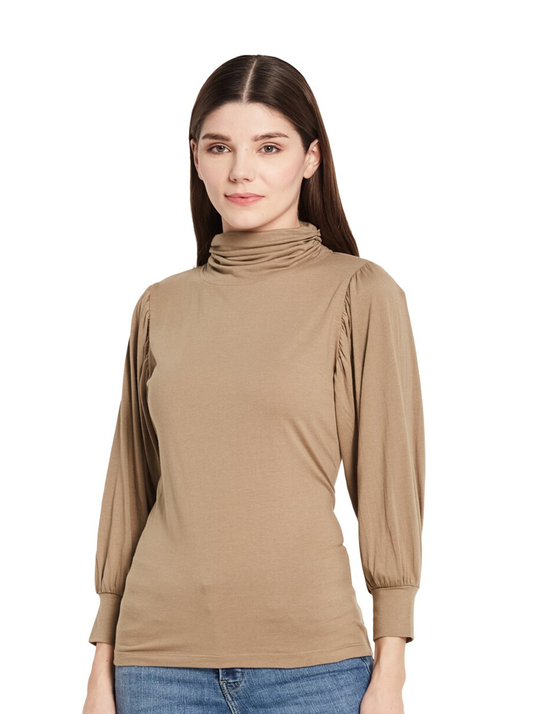 

UNMADE Women Taupe Solid High Neck Cuffed Sleeves Top