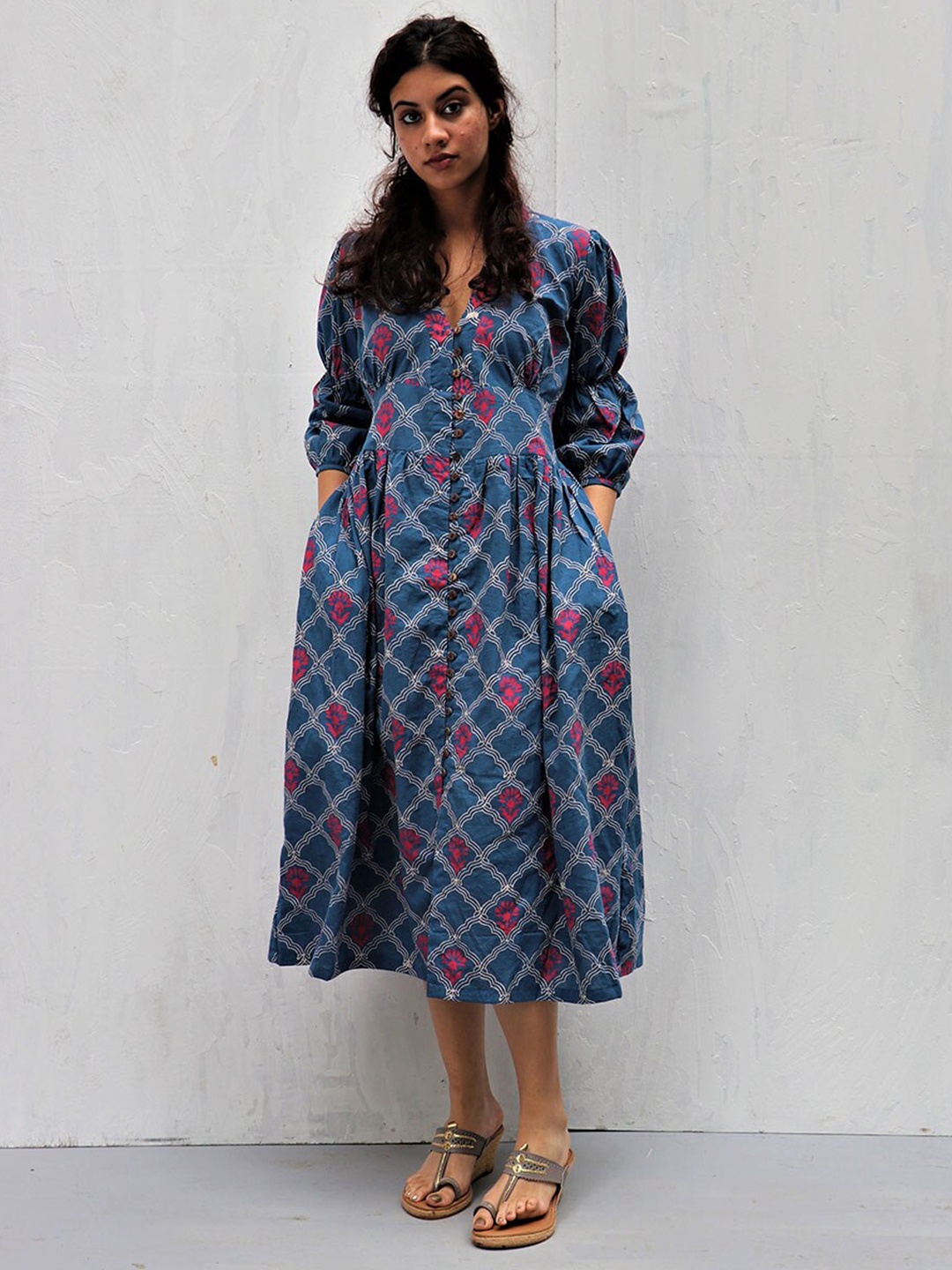 

Chidiyaa Women Blue & Pink Geometric Printed Midi Fit & Flare Cotton Dress