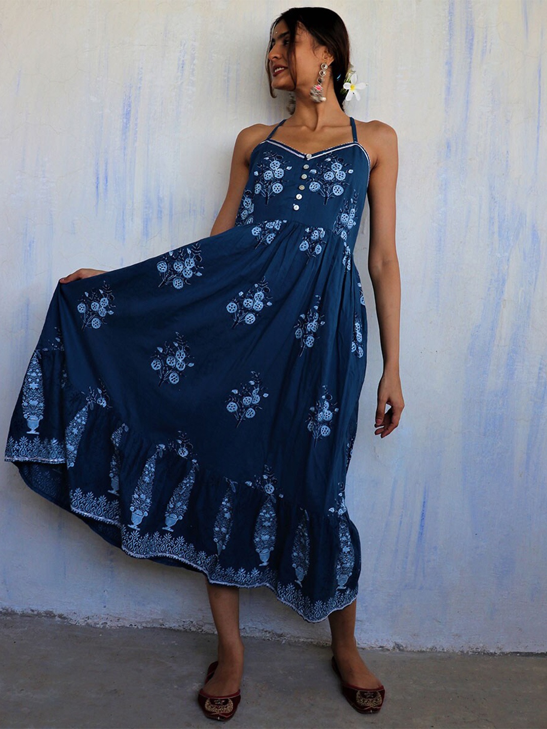 

Chidiyaa Blue Floral Midi Cotton Dress