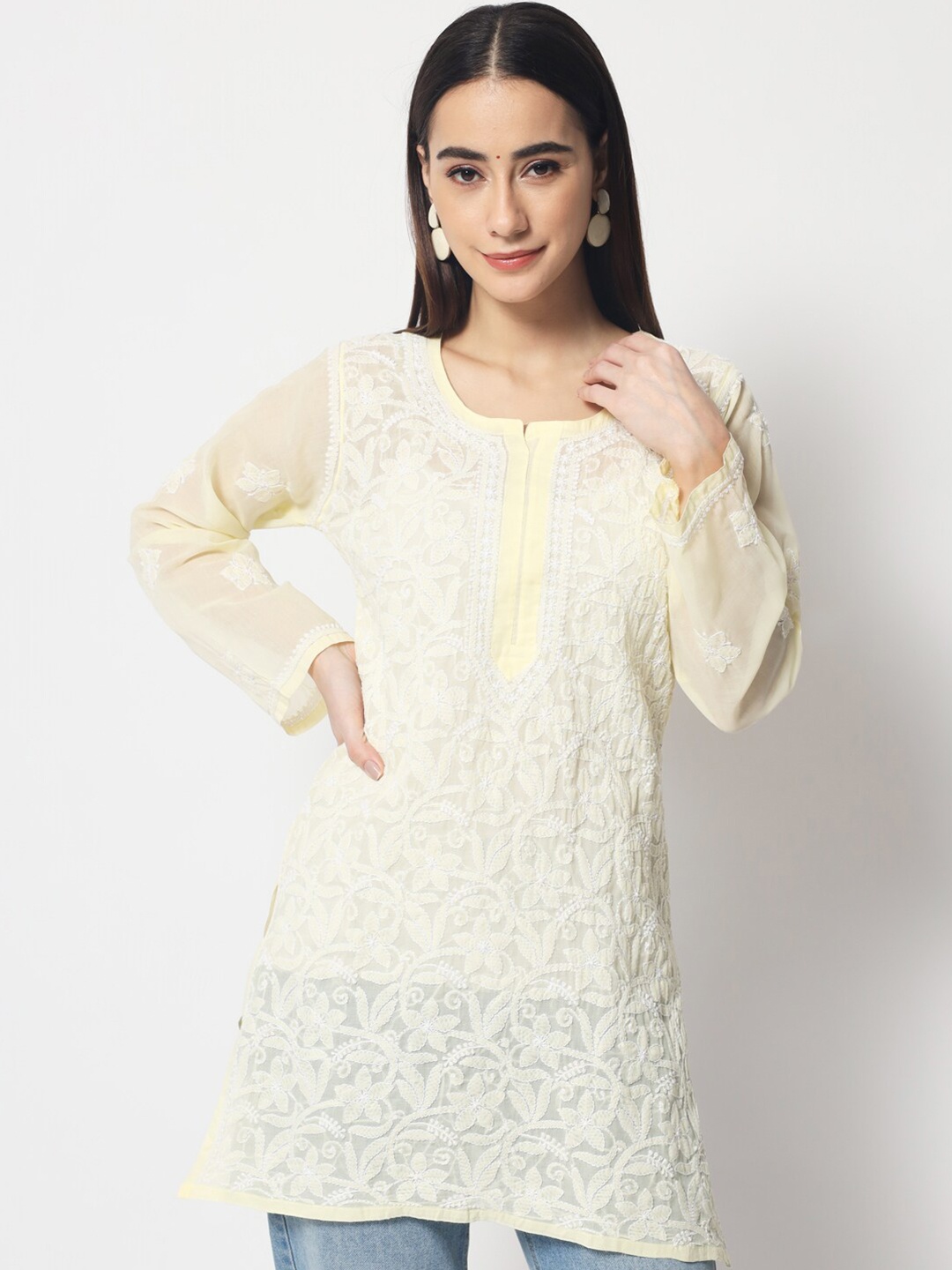 

PARAMOUNT CHIKAN Lime Green Ethnic Motifs Embroidered Chikankari Pure Cotton Chikankari Kurti