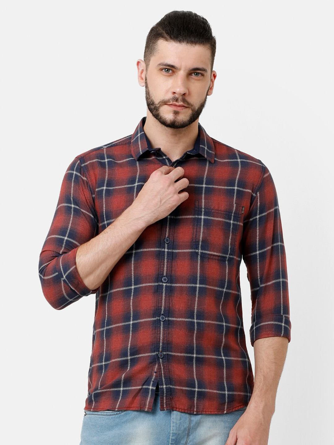 

Voi Jeans Men Navy Blue & Red Slim Fit Tartan Checks Checked Cotton Casual Shirt
