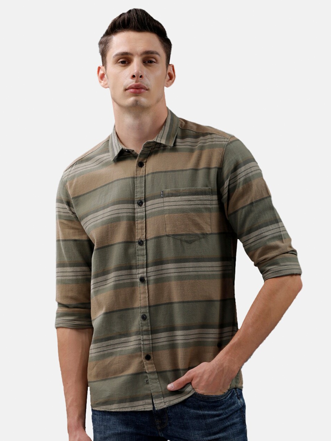 

Voi Jeans Men Green Slim Fit Horizontal Stripes Striped Cotton Casual Shirt