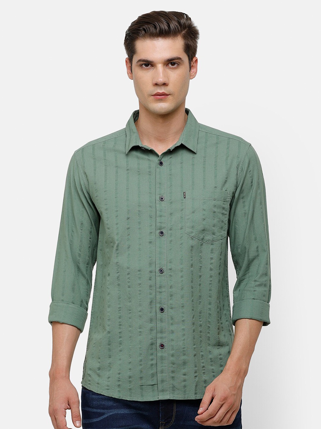 

Voi Jeans Men Slim Fit Grid Tattersall Checks Checked Cotton Casual Shirt, Green