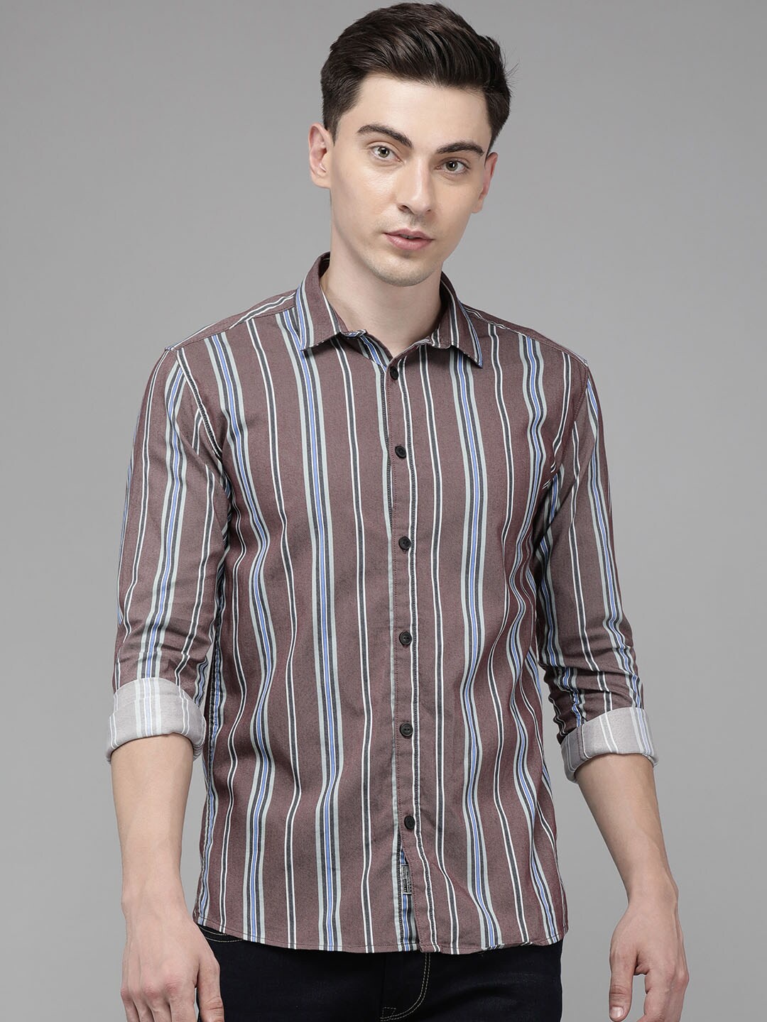 

Voi Jeans Men Slim Fit Striped Cotton Casual Shirt, Maroon