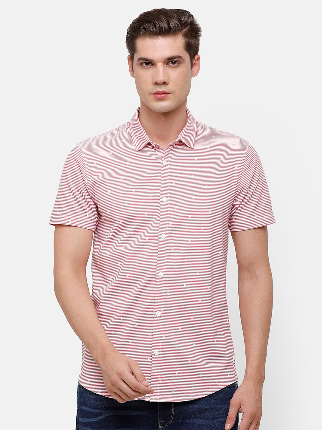 

Voi Jeans Men Slim Fit Printed Casual Cotton Shirt, Pink