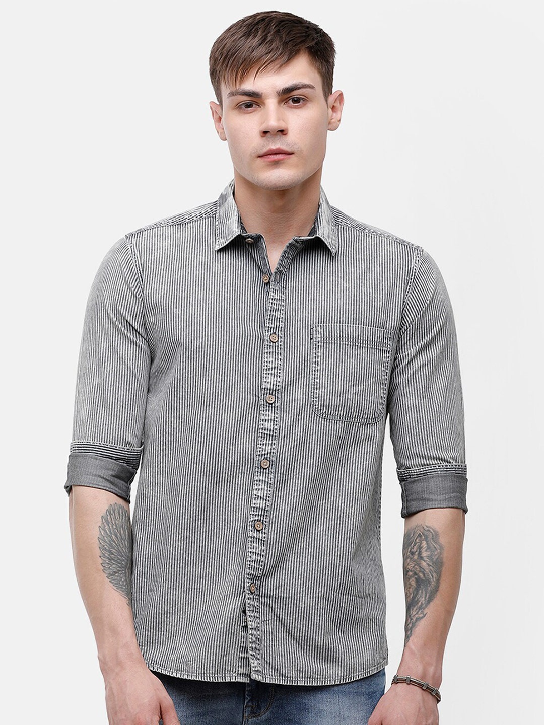 

Voi Jeans Men Slim Fit Striped Casual Cotton Shirt, Grey