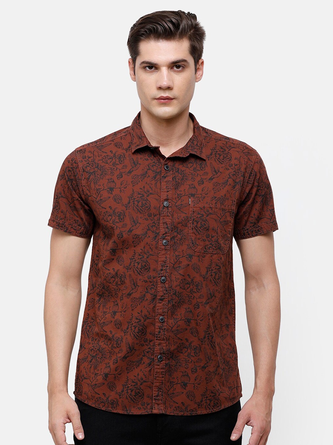 

Voi Jeans Men Slim Fit Floral Printed Casual Cotton Shirt, Brown