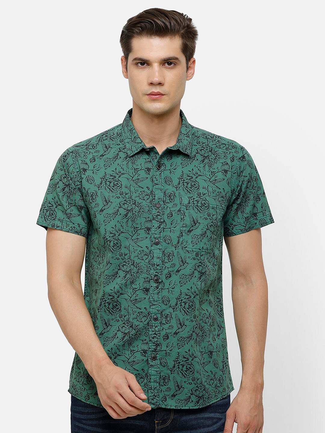 

Voi Jeans Men Slim Fit Floral Printed Casual Cotton Shirt, Green
