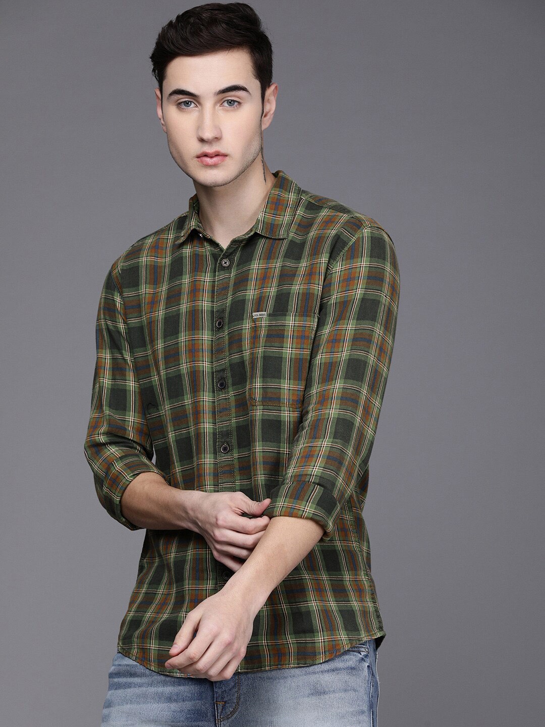 

Voi Jeans Men Slim Fit Tartan Checked Casual Cotton Shirt, Olive