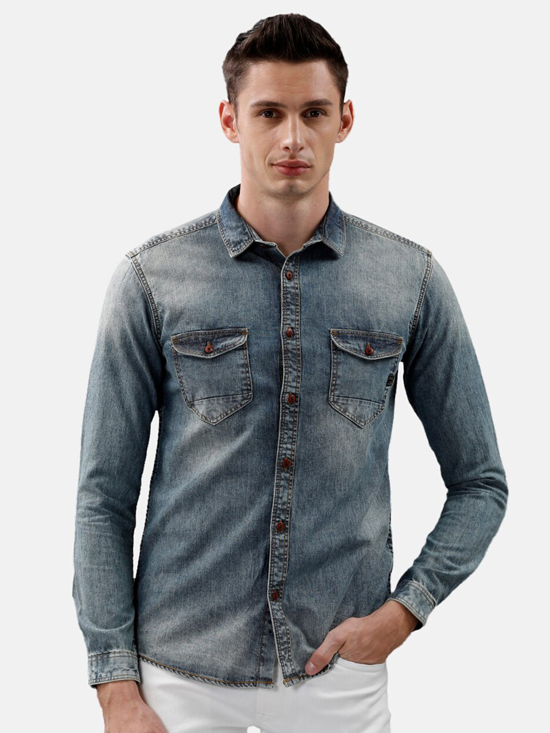 

Voi Jeans Men Slim Fit Faded Cotton Casual Shirt, Blue